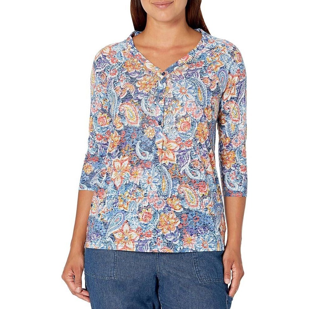 Erika L colorful‎ floral rhinestone office church casual boho button 3/4 sleeve